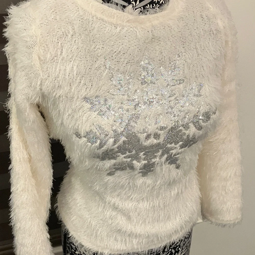 Poof! White Fuzzy Sweater with Silver Snowflake - Picture 4 of 7